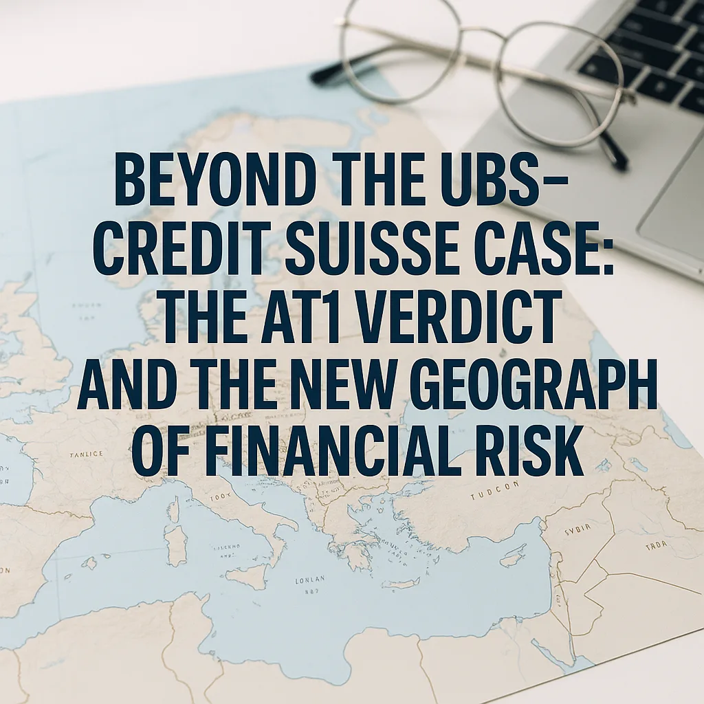 A professional flat-lay photograph symbolizing the AT1 verdict and global financial change. A beige map of Europe and Asia fills the frame, overlaid with bold navy-blue text reading “Beyond the UBS–Credit Suisse Case: The AT1 Verdict and the New Geography of Financial Risk.” On the desk beside it are a sleek silver laptop, a black and gold pen, and a printed financial chart showing upward trends — creating a polished, executive business aesthetic with neutral tones and sharp lighting.