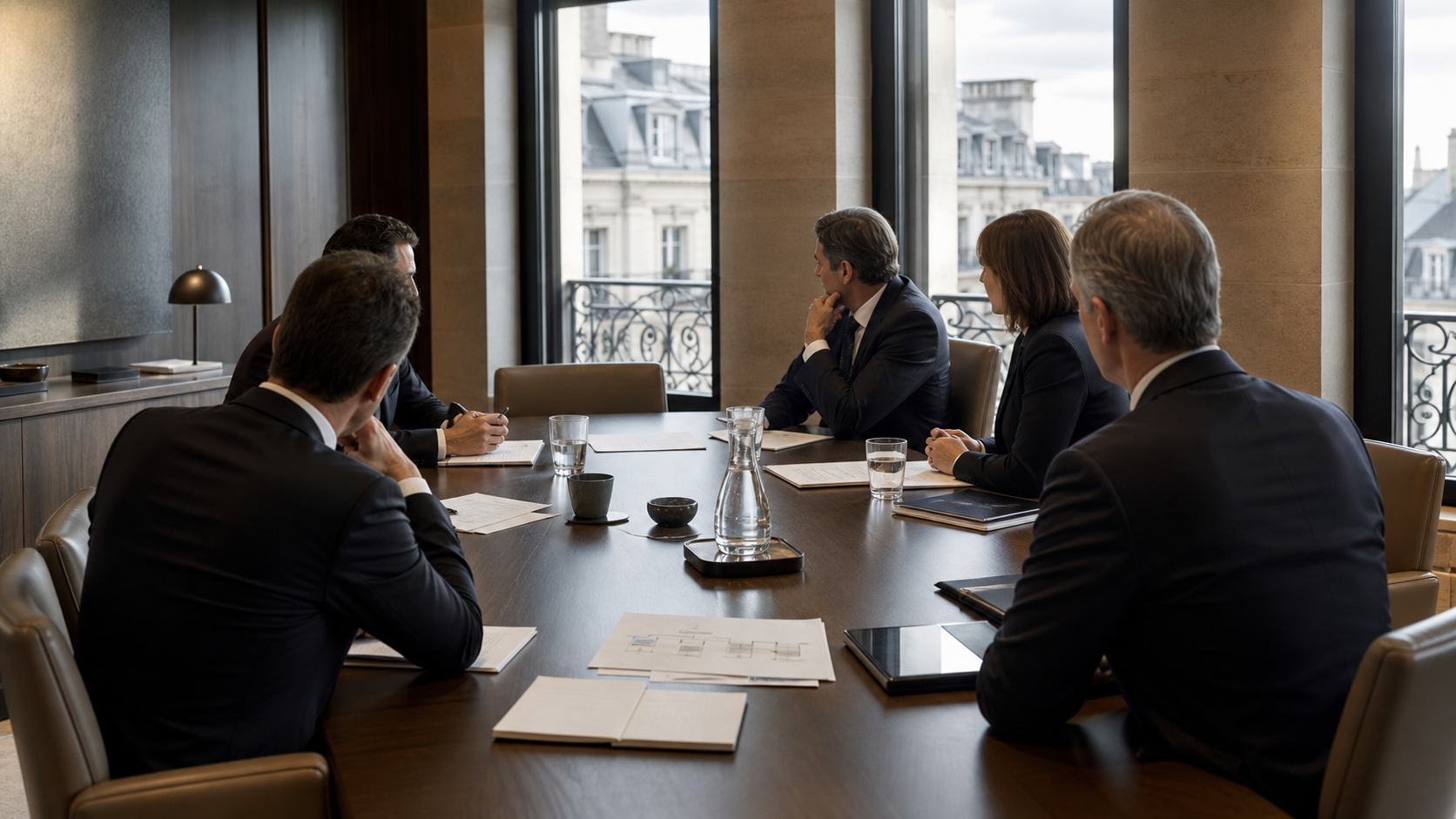 Senior professionals reviewing transaction documents during a private-capital governance meeting in a Paris boardroom.