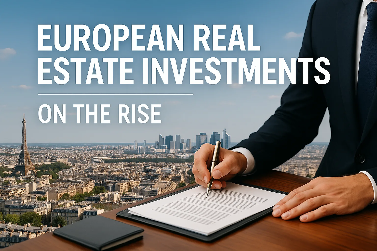 Business executive signing a real estate investment agreement with a panoramic view of Paris, including the Eiffel Tower and La Défense financial district. The text reads ‘European Real Estate Investments on the Rise,’ representing CGPH Banque d’Affaires’ 2025 market outlook on growth, institutional confidence, and investment opportunities across Europe