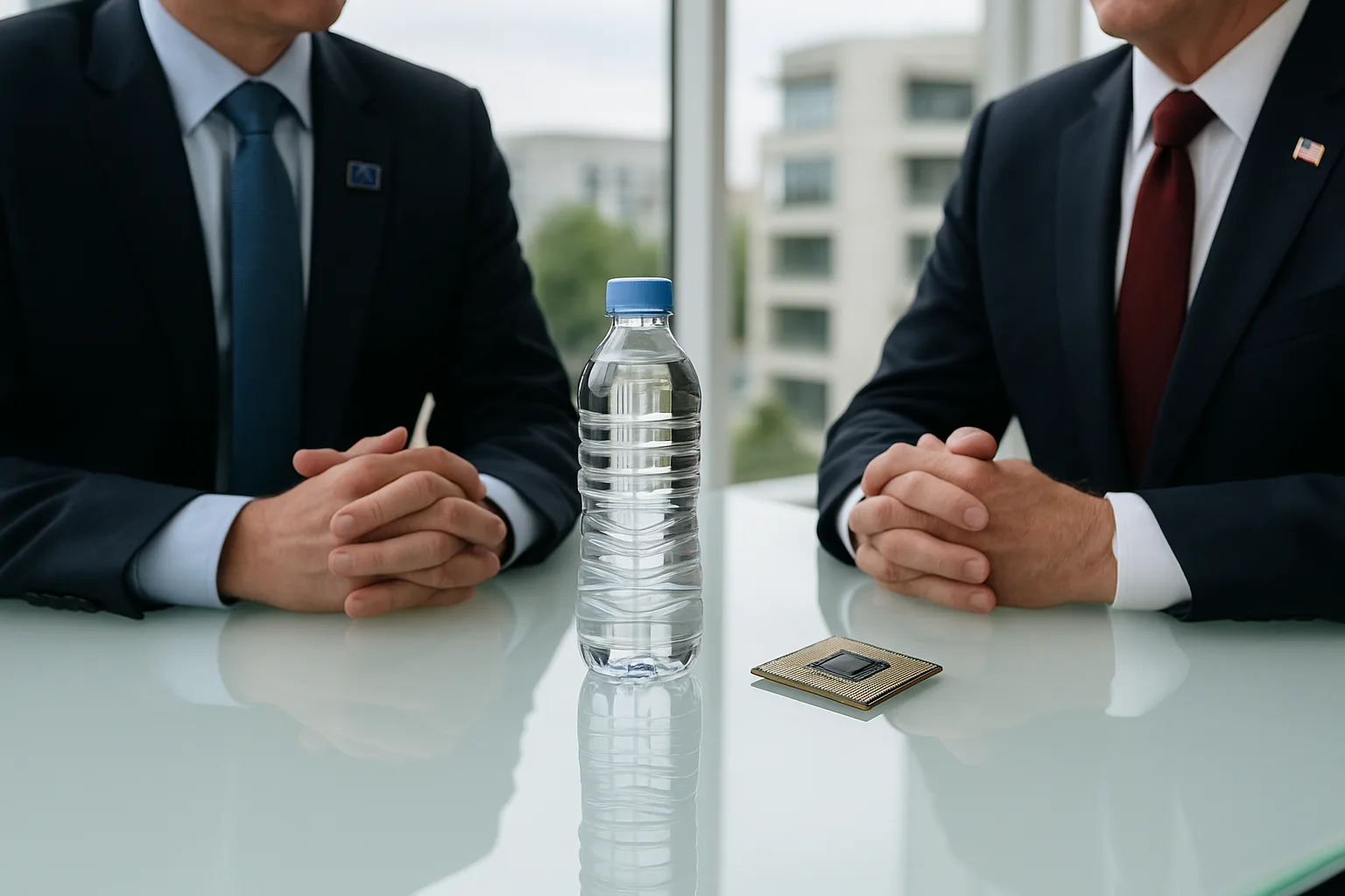 Two diplomats sit across a glass table with a water bottle and a microchip in the center, symbolizing the contrast between regulation and innovation in European strategic investments.