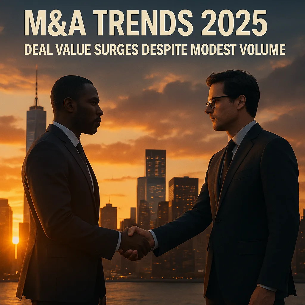 Two businessmen in suits shake hands against a dramatic sunset city skyline, symbolizing major mergers and acquisitions deals in 2025. The bold text reads ‘M&A Trends 2025 – Deal Value Surges Despite Modest Volume,’ highlighting the global shift toward fewer but higher-value transactions.