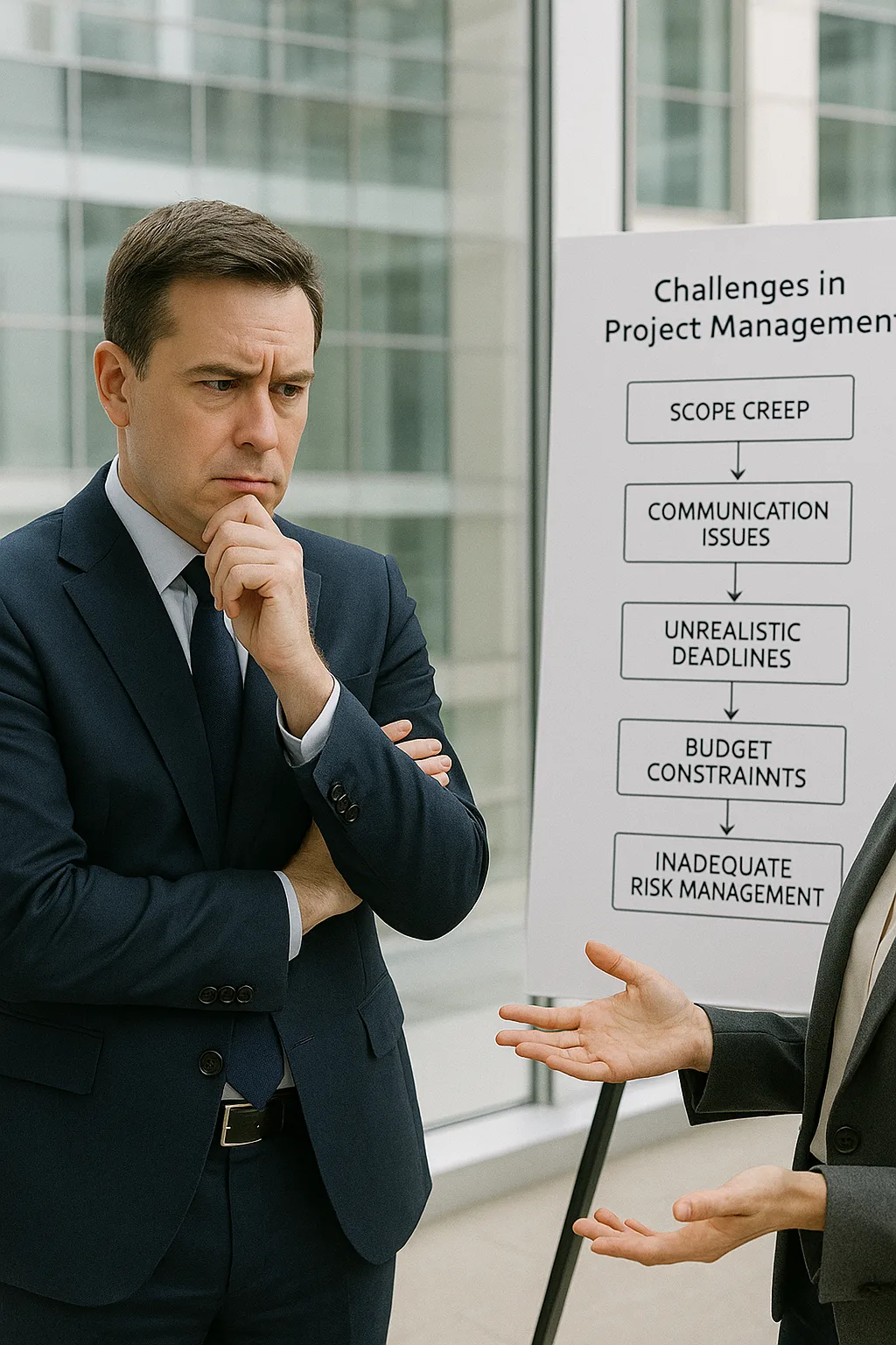 “A concerned businessman in a navy suit stands beside a project management flowchart displayed on an easel. The chart lists common challenges—scope creep, communication issues, unrealistic deadlines, budget constraints, and inadequate risk management—while a female colleague gestures during their discussion in a modern office setting with large glass windows