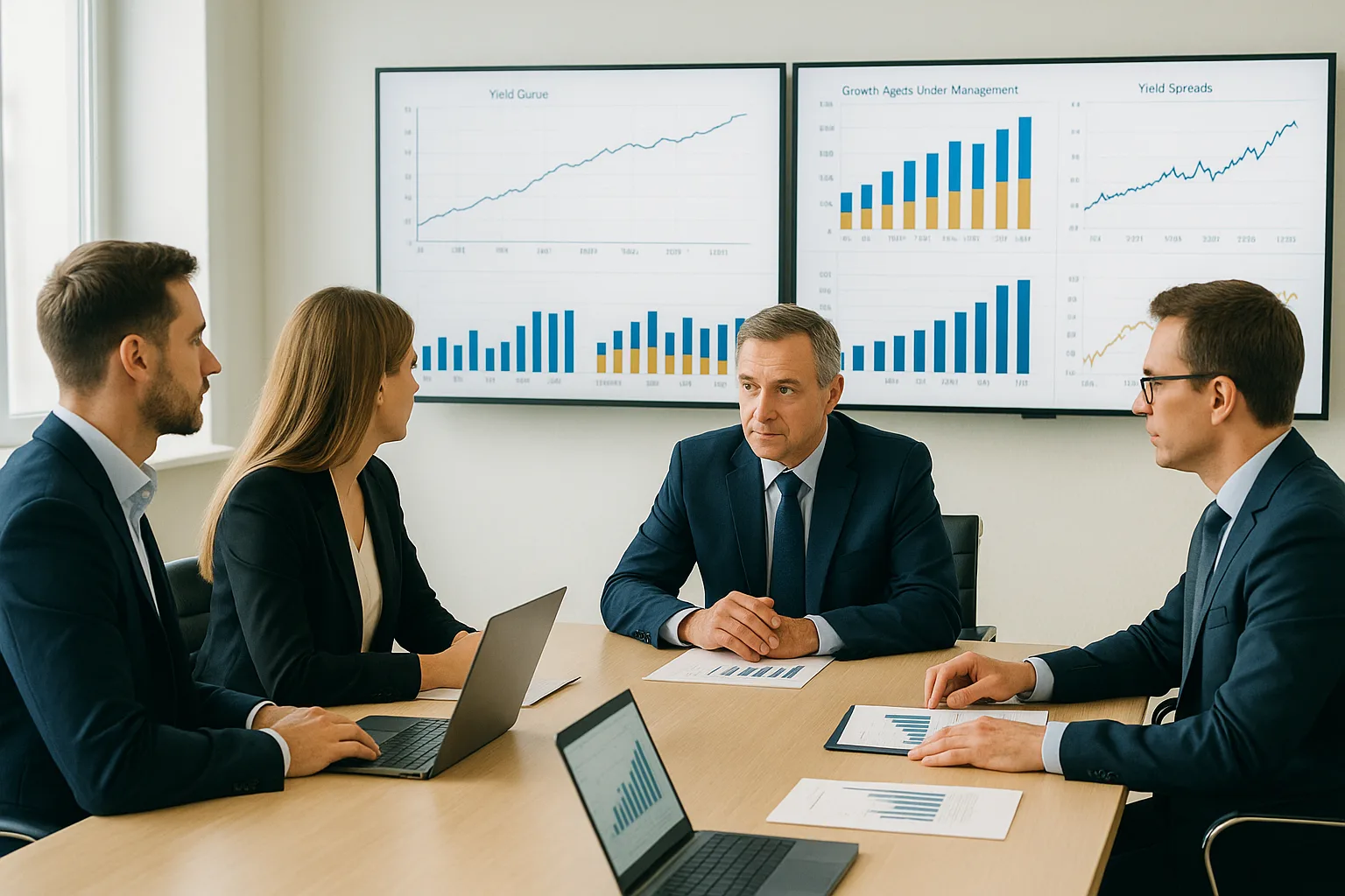 A bright modern boardroom with four business professionals seated around a light wooden conference table, reviewing financial documents and laptop screens. Behind them, three large wall-mounted monitors display charts including yield curves, growth in assets under management, and bar graphs. The executives wear formal business attire and appear focused in a collaborative financial discussion