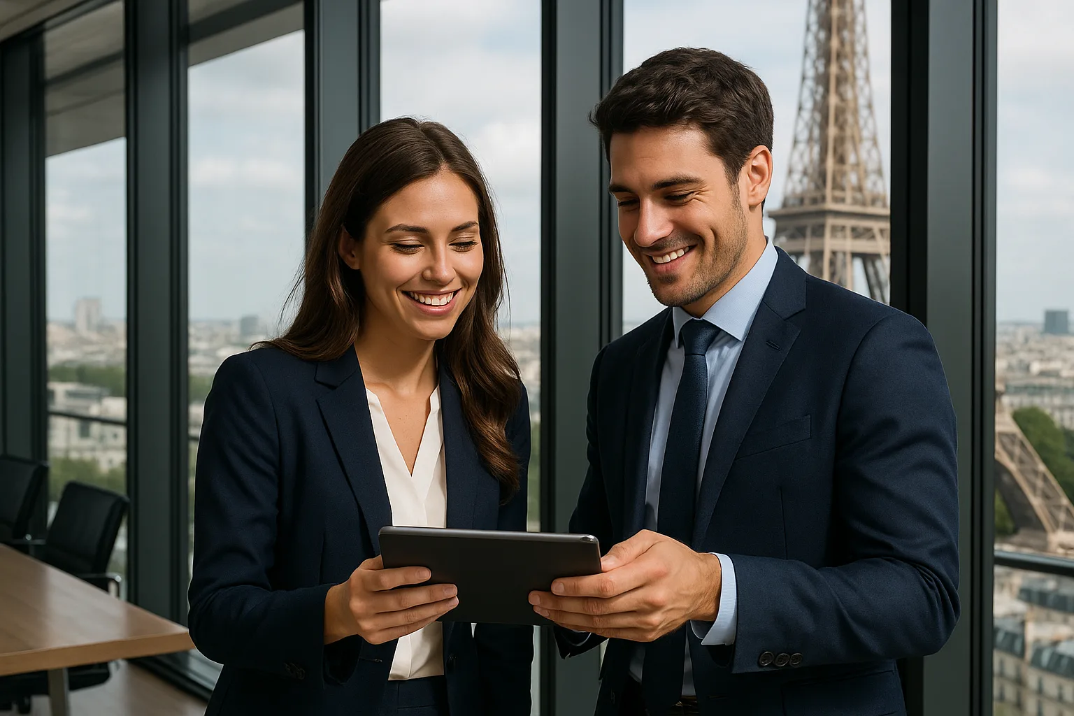 Two young business professionals, a man and a woman in dark suits, stand in a modern glass-walled meeting room and talk to the private equity with the Eiffel Tower visible in the background, smiling and discussing while looking at a tablet together.